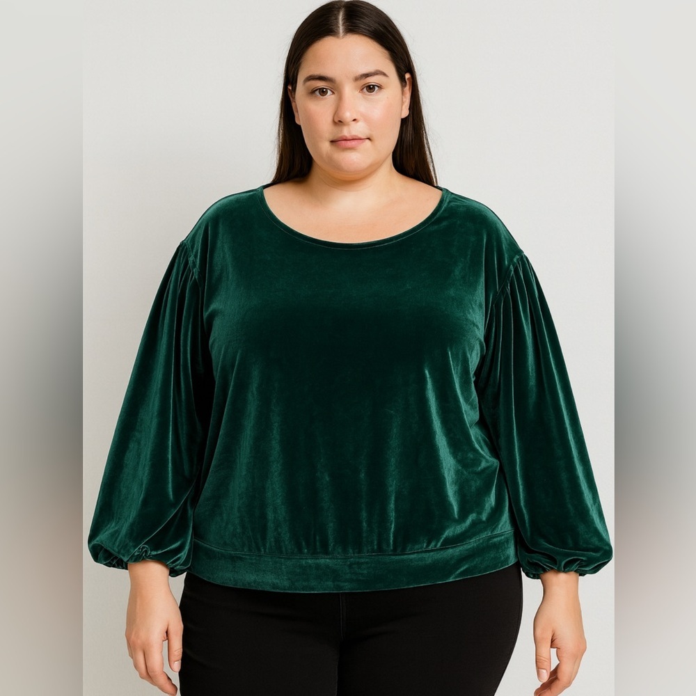 Ellos Forest Green Velvet Balloon Long 
Sleeve Blouse Festive Size Lg